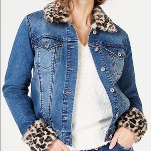 INC Leopard-Print Faux-Fur Trim Denim Jacket